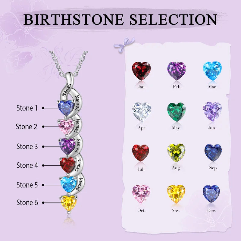 Personalised Necklace for Mum | Heart-Shaped Birthstone Necklace with Child Names | 1 to 6 Birthstone and Names Necklace