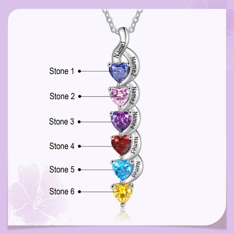 Personalised Necklace for Mum | Heart-Shaped Birthstone Necklace with Child Names | 1 to 6 Birthstone and Names Necklace