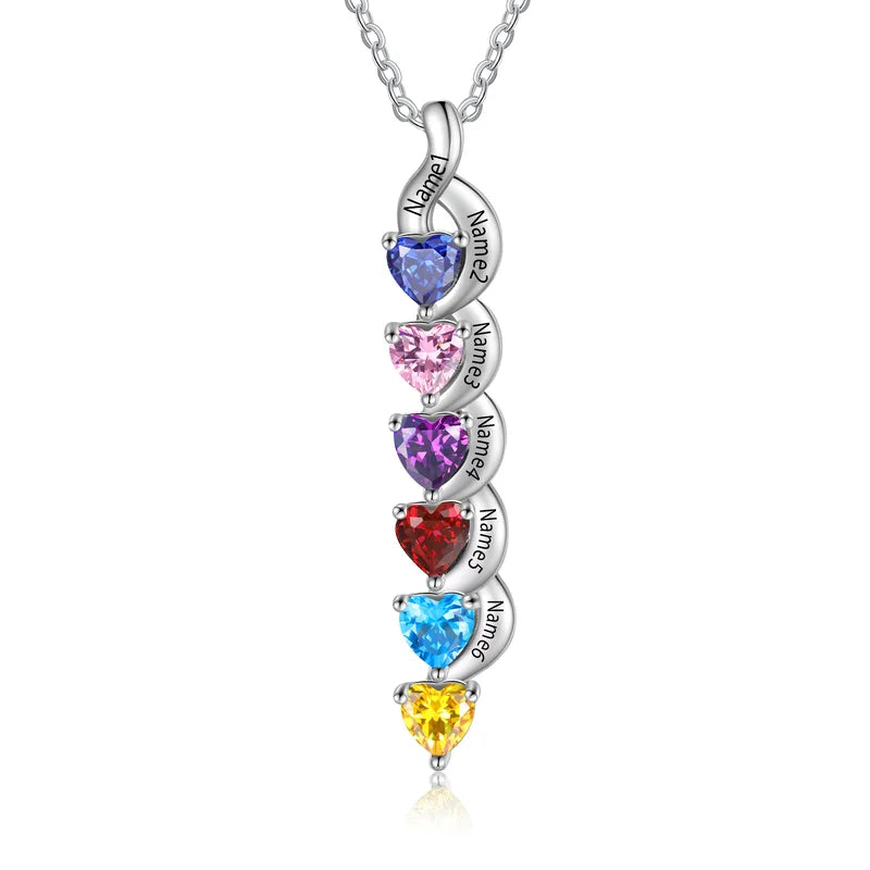 Personalised Necklace for Mum | Heart-Shaped Birthstone Necklace with Child Names | 1 to 6 Birthstone and Names Necklace