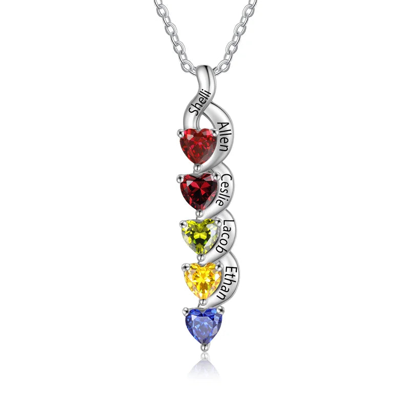 Personalised Necklace for Mum | Heart-Shaped Birthstone Necklace with Child Names | 1 to 6 Birthstone and Names Necklace