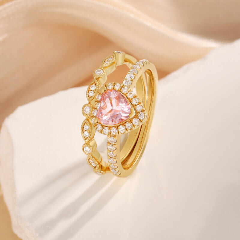 Heart Shaped Morganite Engagement Ring Set with Moissanite 14/18k Yellow Gold