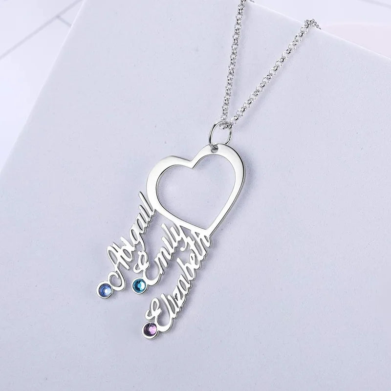 Heart-Shaped Personalised 3 Names Necklace with 3 Birthstones, Custom Birthstone Name Necklace, Personalised Name Jewellery for Mum