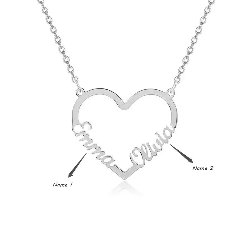 Heart Shaped 2 Names Necklace, Personalised Sterling Silver Heart Name Necklace, Custom Name Jewellery for Her