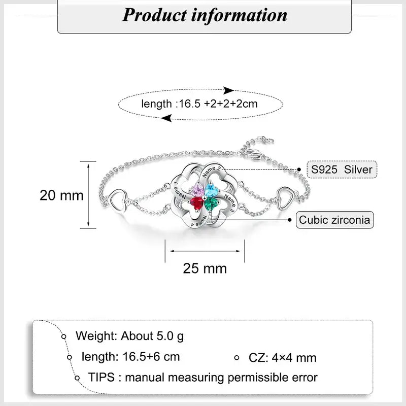 Four/Five Heart Sterling Silver Personalised Birthstones Bracelet