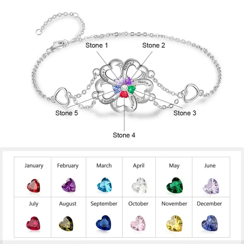 Four/Five Heart Sterling Silver Personalised Birthstones Bracelet