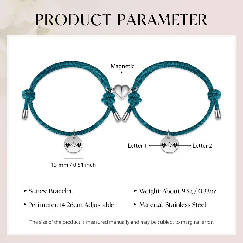 Initial Matching Bracelets | Heartbeat Initial Couple Bracelets | Heart Magnetic Bracelets for Couples