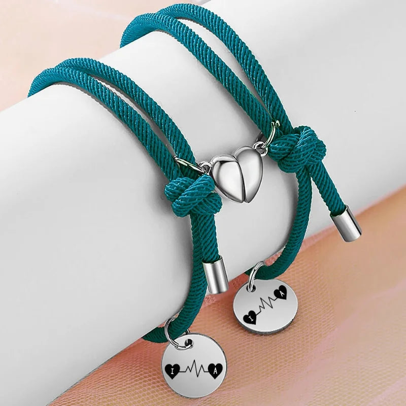 Initial Matching Bracelets Heartbeat Initial Couple Bracelets Heart Magnetic Bracelets for Couples 2 Pieces