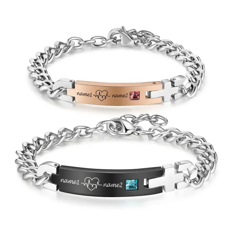 Heartbeat Couple Bracelets | Matching Bracelets with Couple's Names | Engraved Bar Name Bracelets for Couple | 2 Pieces