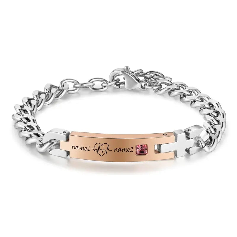Heartbeat Couple Bracelets | Matching Bracelets with Couple's Names | Engraved Bar Name Bracelets for Couple | 2 Pieces