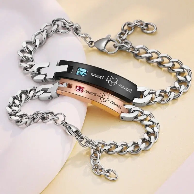 Heartbeat Couple Bracelets | Matching Bracelets with Couple's Names | Engraved Bar Name Bracelets for Couple | 2 Pieces