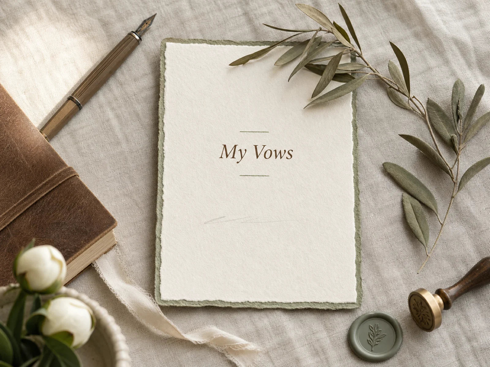 Wedding vow keepsake card on cream linen with dried olive sprig, fountain pen, leather notebook, and wax seal stamp
