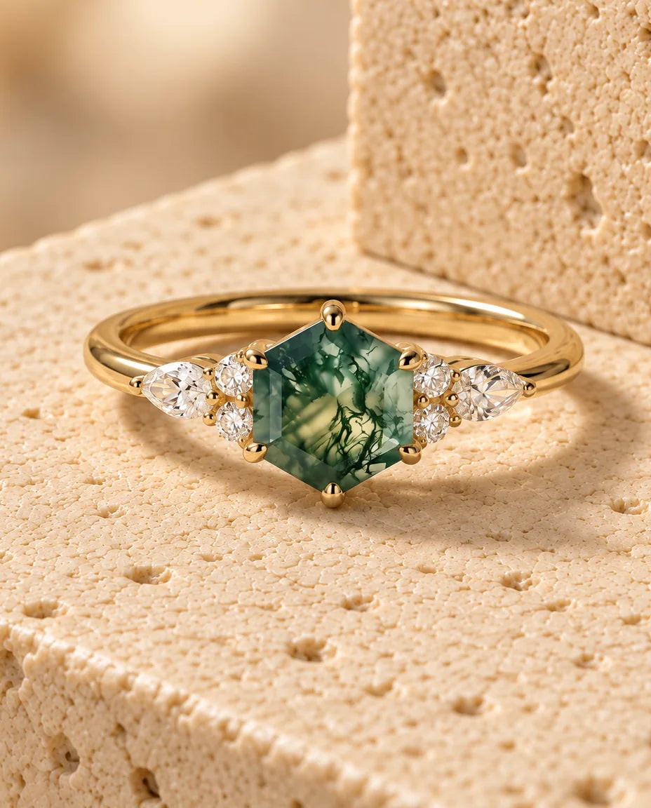 Moss Agate Ring - in gold finish