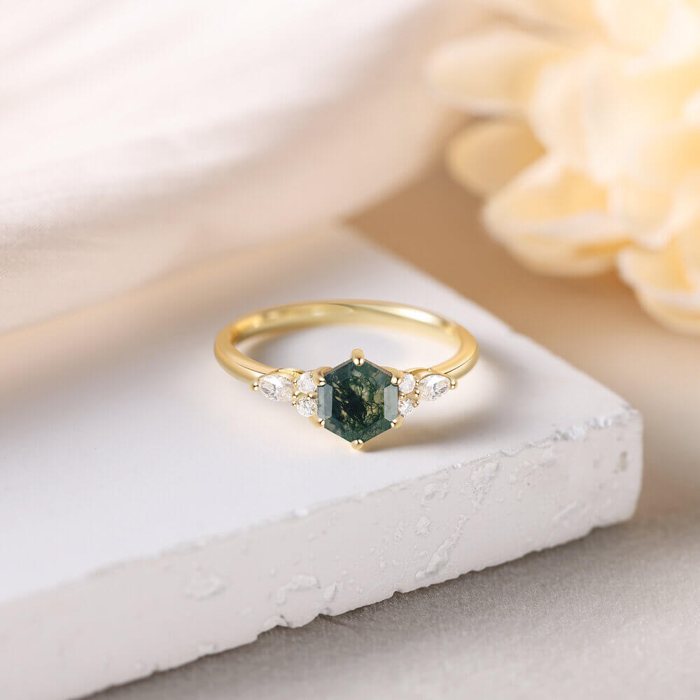 Hexagon Cut Natural Moss Agate Engagement Ring with Moissanite