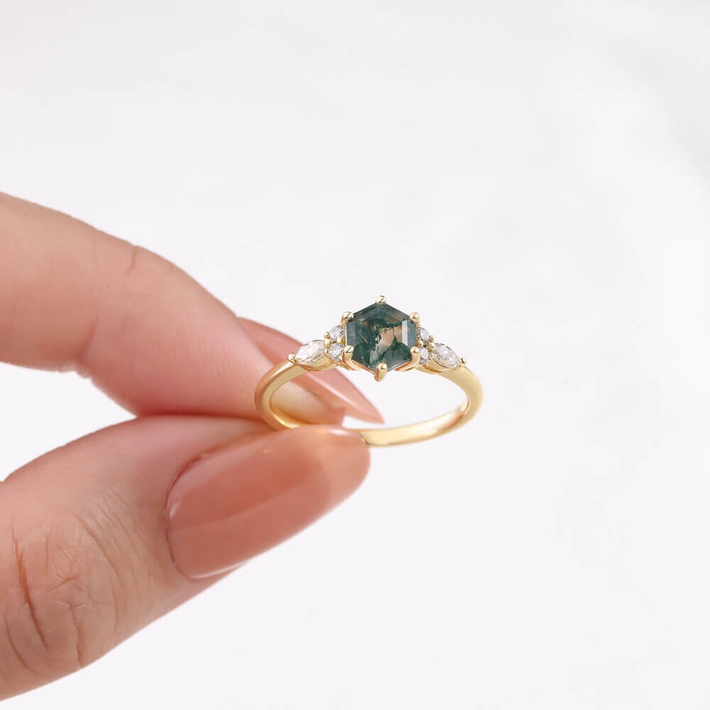 Hexagon Cut Natural Moss Agate Engagement Ring with Moissanite