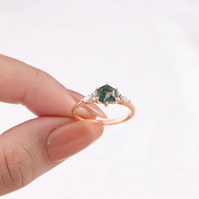 Hexagon Cut Natural Moss Agate Engagement Ring with Moissanite