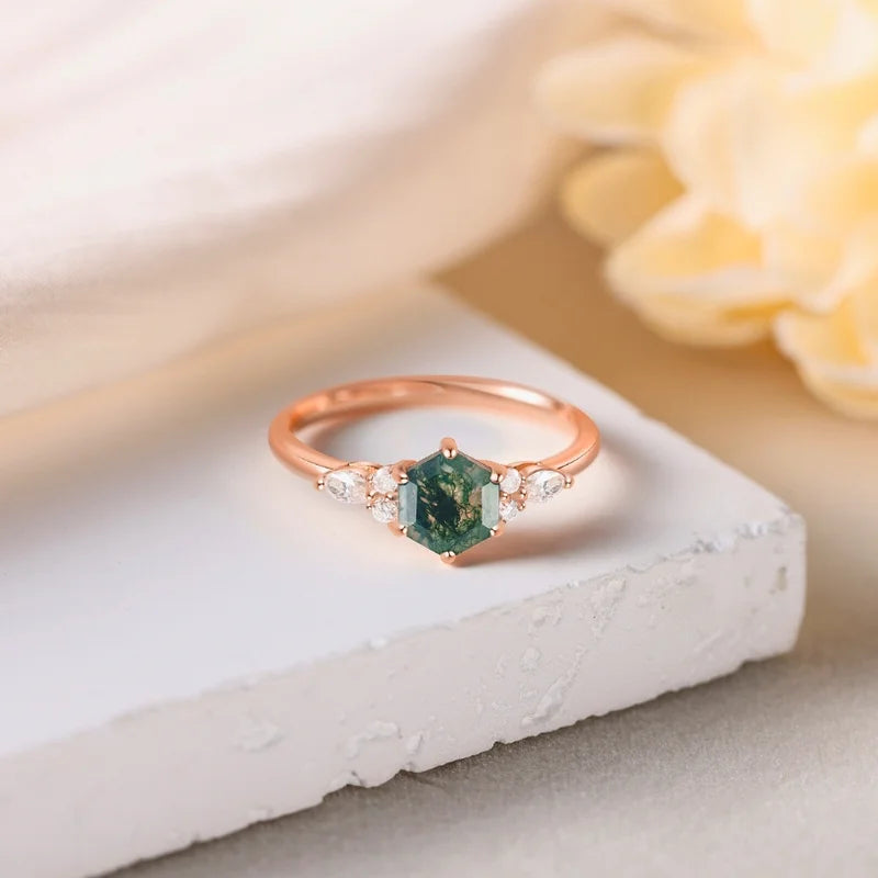 Hexagon Cut Natural Moss Agate Engagement Ring with Moissanite