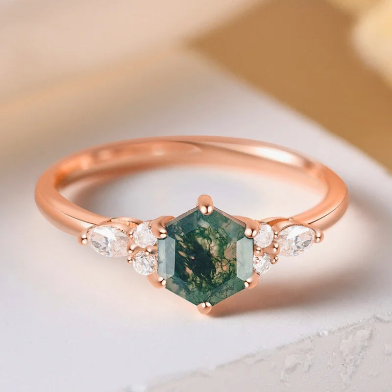 Hexagon Cut Natural Moss Agate Engagement Ring with Moissanite