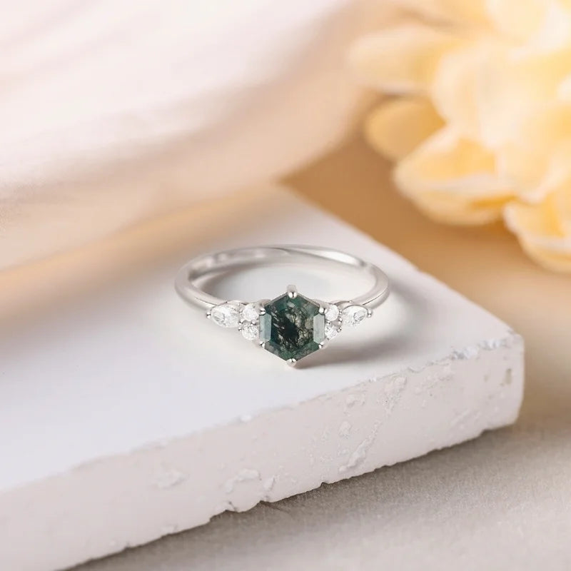 Hexagon Cut Natural Moss Agate Engagement Ring with Moissanite