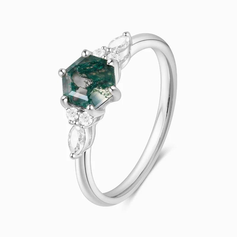 Hexagon Cut Natural Moss Agate Engagement Ring with Moissanite