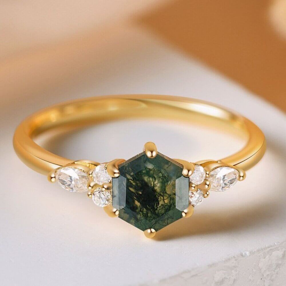 Hexagon Cut Natural Moss Agate Engagement Ring with Moissanite