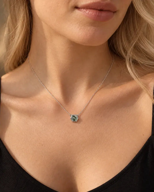 Hexagon Moss Agate Necklace in 925 Sterling Silver - worn on a model, close-up at the collarbone