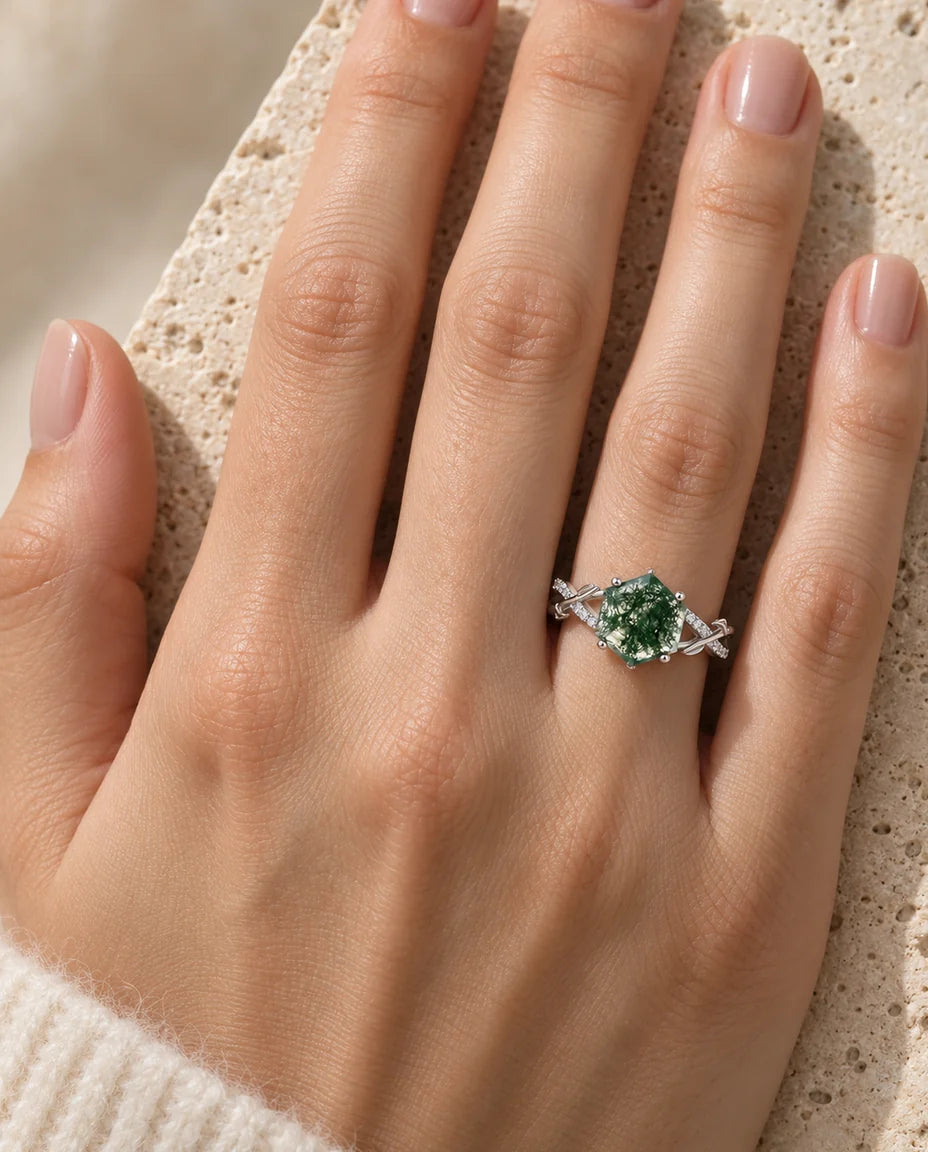 Moss Agate Ring - worn on the hand