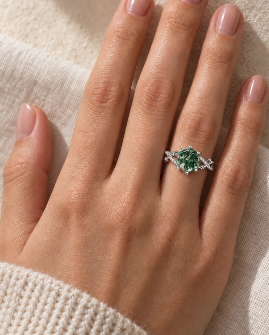 Moss Agate Ring - worn on the hand, close-up