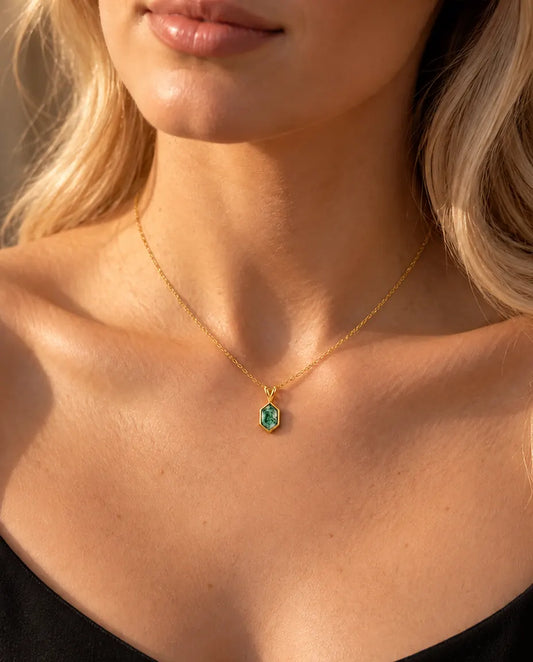 Hexagon Moss Agate Necklace in 10K Gold Plated 925 Sterling Silver - worn on a model, close-up at the collarbone