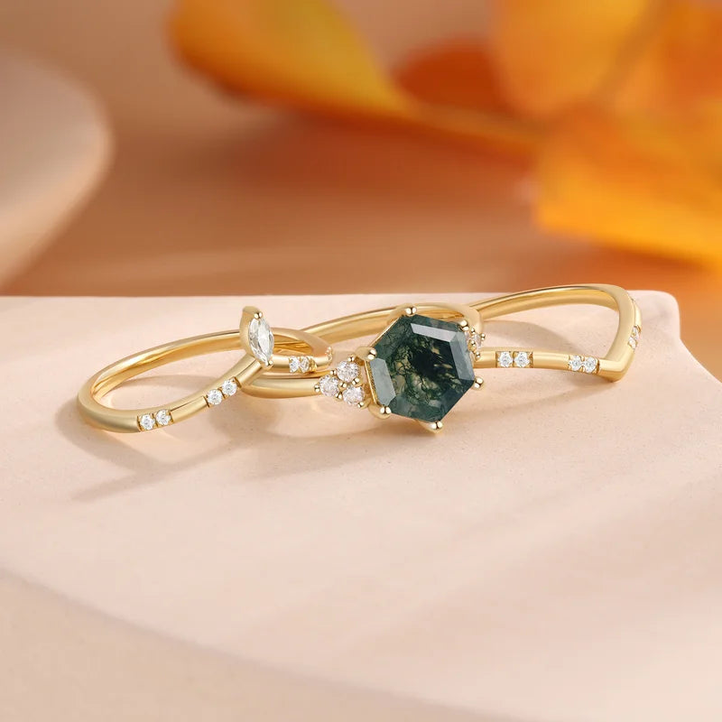 Hexagon Shaped Moss Agate Engagement Ring Set