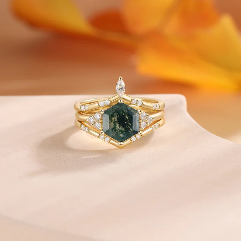 Hexagon Shaped Moss Agate Engagement Ring Set