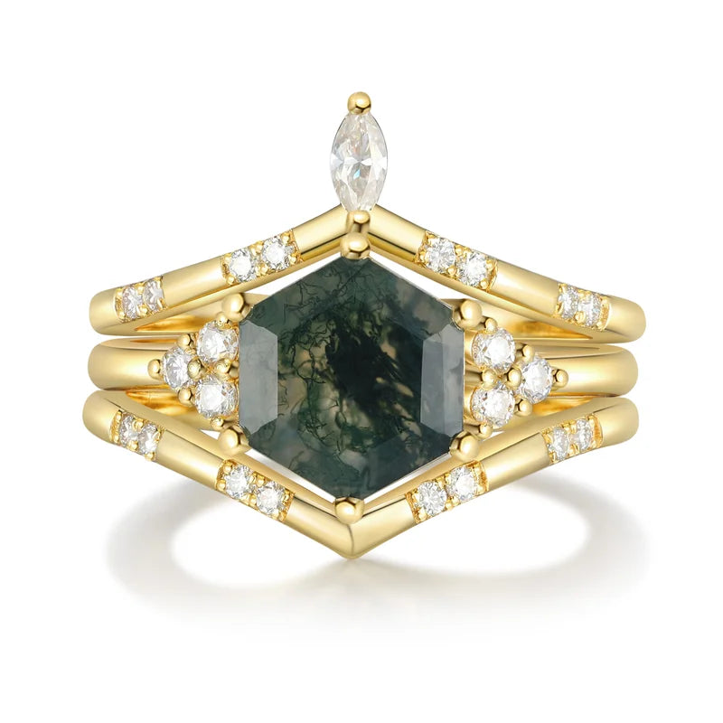 Hexagon Shaped Moss Agate Engagement Ring Set