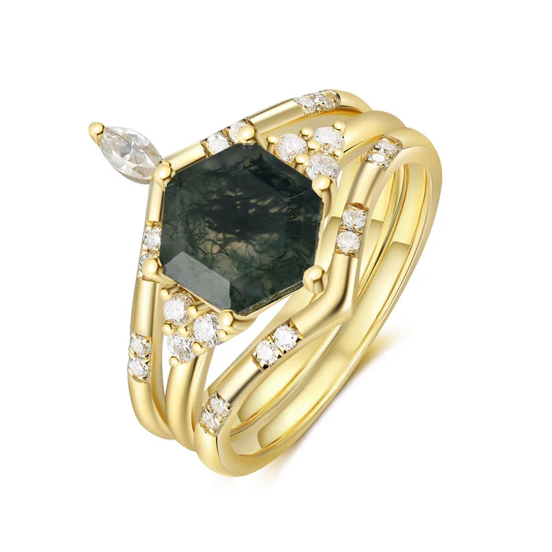 Hexagon Shaped Moss Agate Engagement Ring Set