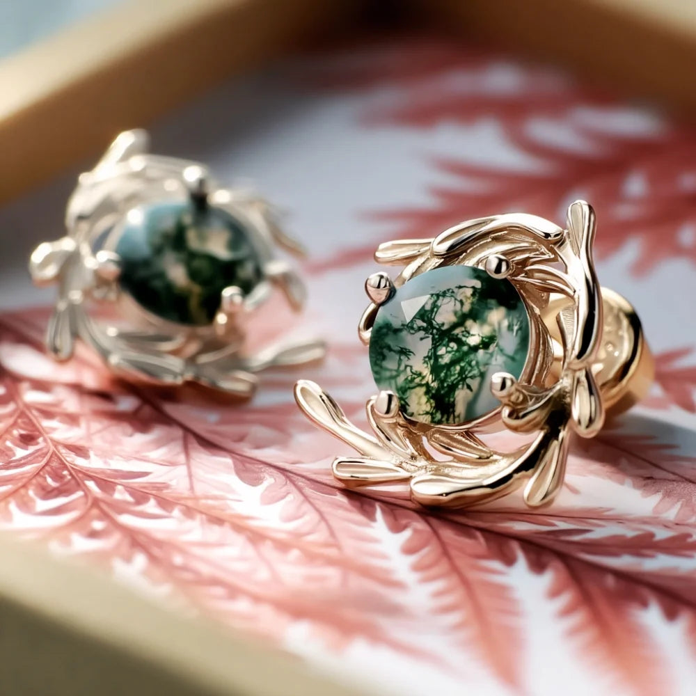 IfShe Moss Agate Earrings – Natural Green Gemstones in 925 Sterling Silver, 10.7mm, Elegant Silver Jewelry