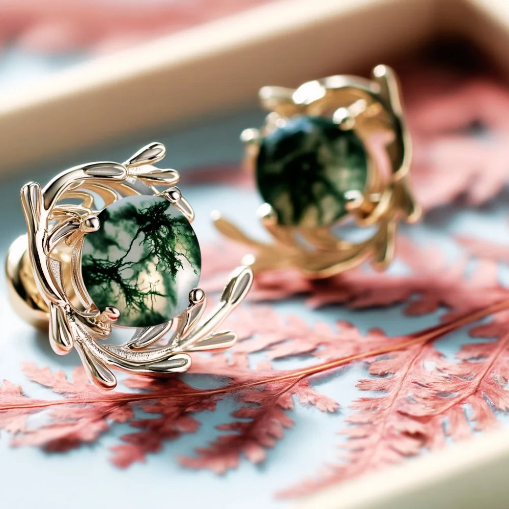IfShe Moss Agate Earrings – Natural Green Gemstones in 925 Sterling Silver, 10.7mm, Elegant Silver Jewelry