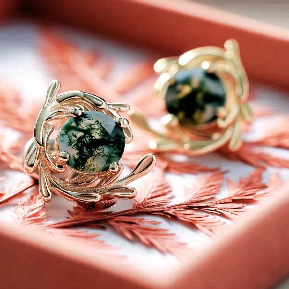 IfShe Moss Agate Earrings – Natural Green Gemstones in 925 Sterling Silver, 10.7mm, Elegant Silver Jewelry