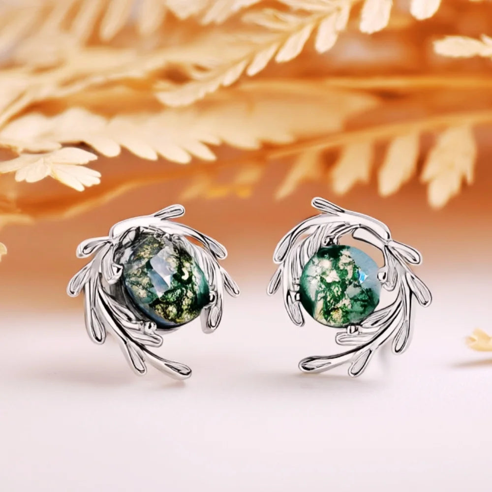 IfShe Moss Agate Earrings – Natural Green Gemstones in 925 Sterling Silver, 10.7mm, Elegant Silver Jewelry