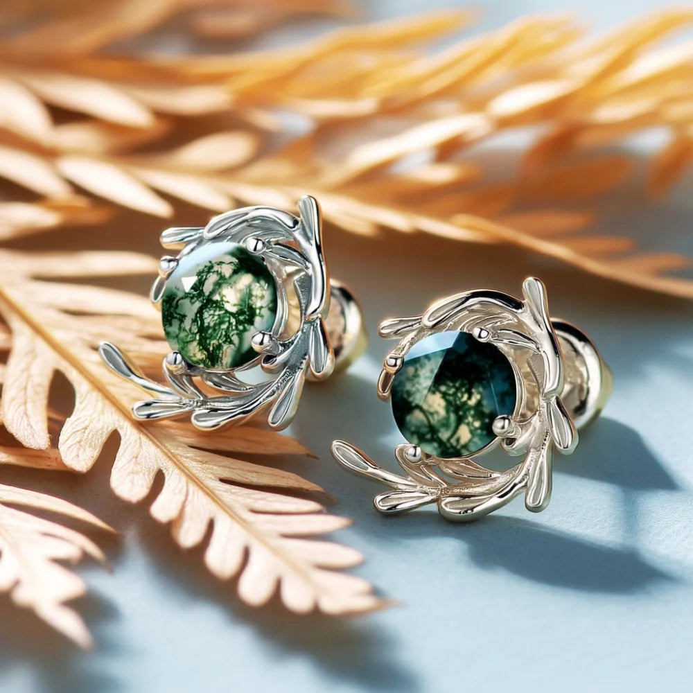 IfShe Moss Agate Earrings – Natural Green Gemstones in 925 Sterling Silver, 10.7mm, Elegant Silver Jewelry