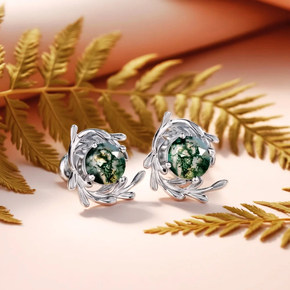 IfShe Moss Agate Earrings – Natural Green Gemstones in 925 Sterling Silver, 10.7mm, Elegant Silver Jewelry