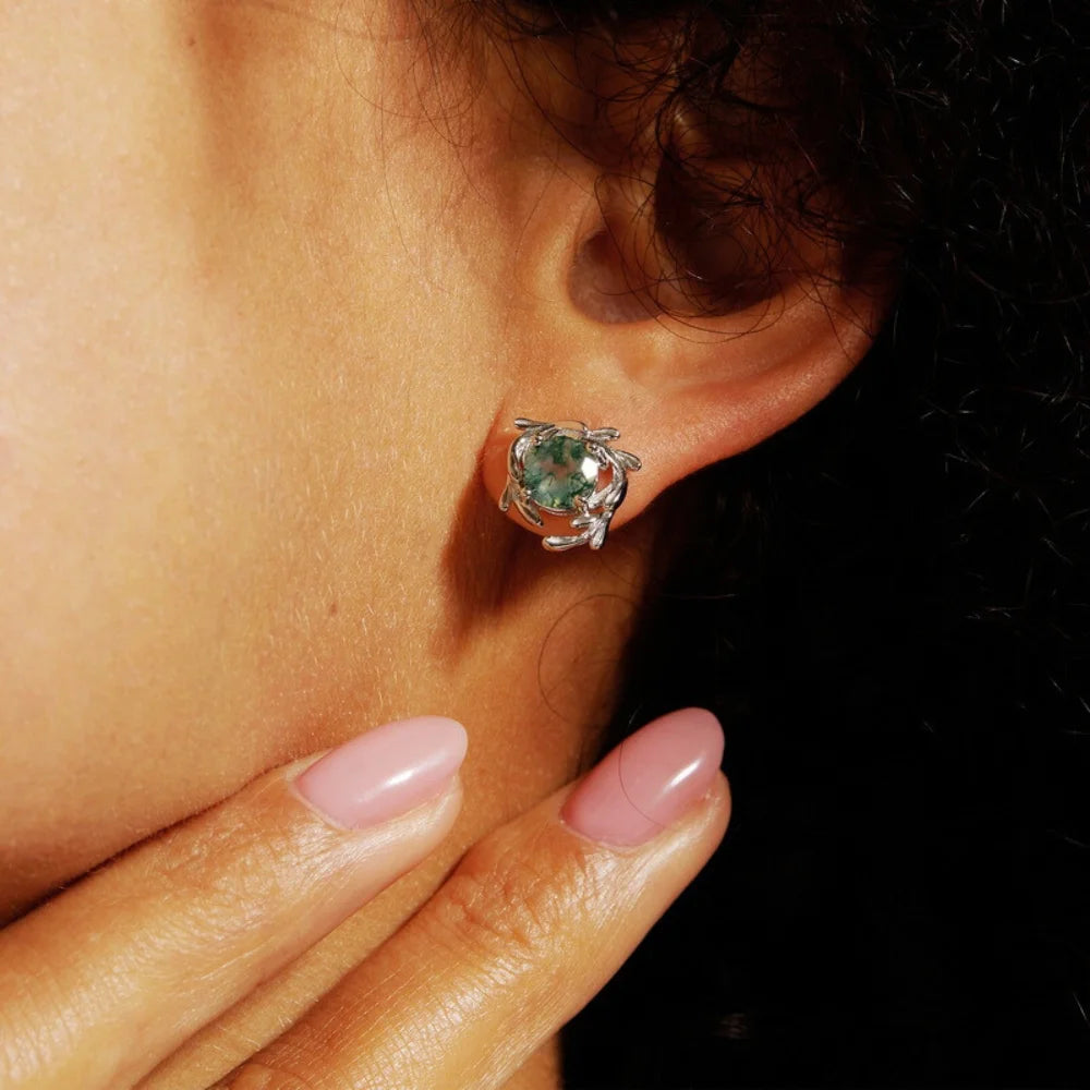 IfShe Moss Agate Earrings – Natural Green Gemstones in 925 Sterling Silver, 10.7mm, Elegant Silver Jewelry