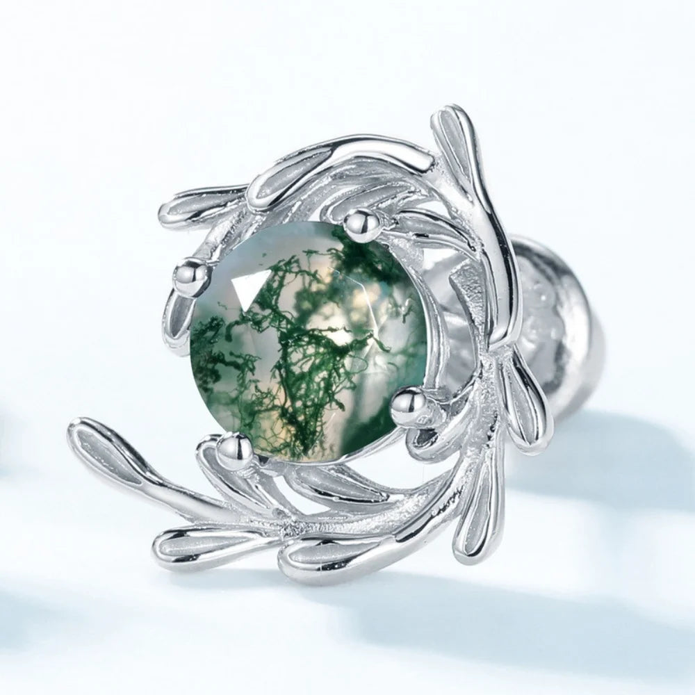 IfShe Moss Agate Earrings – Natural Green Gemstones in 925 Sterling Silver, 10.7mm, Elegant Silver Jewelry