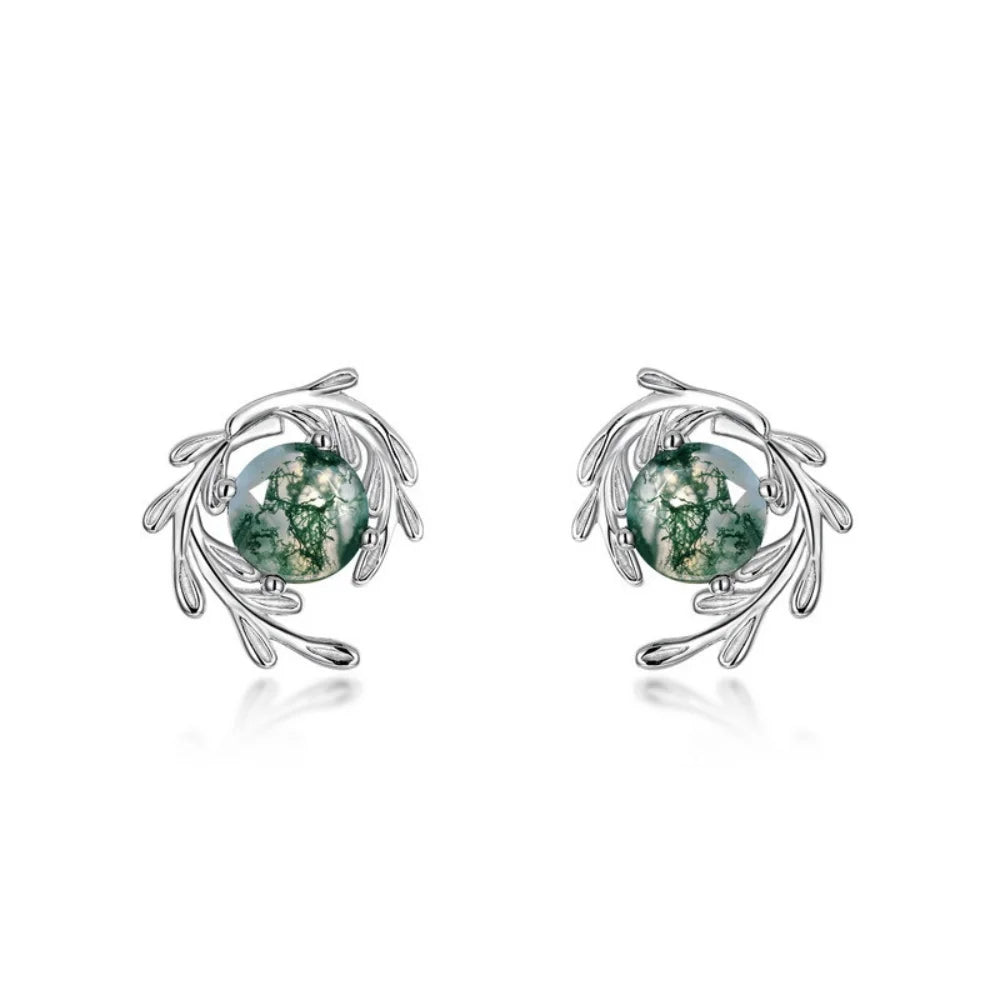 IfShe Moss Agate Earrings – Natural Green Gemstones in 925 Sterling Silver, 10.7mm, Elegant Silver Jewelry