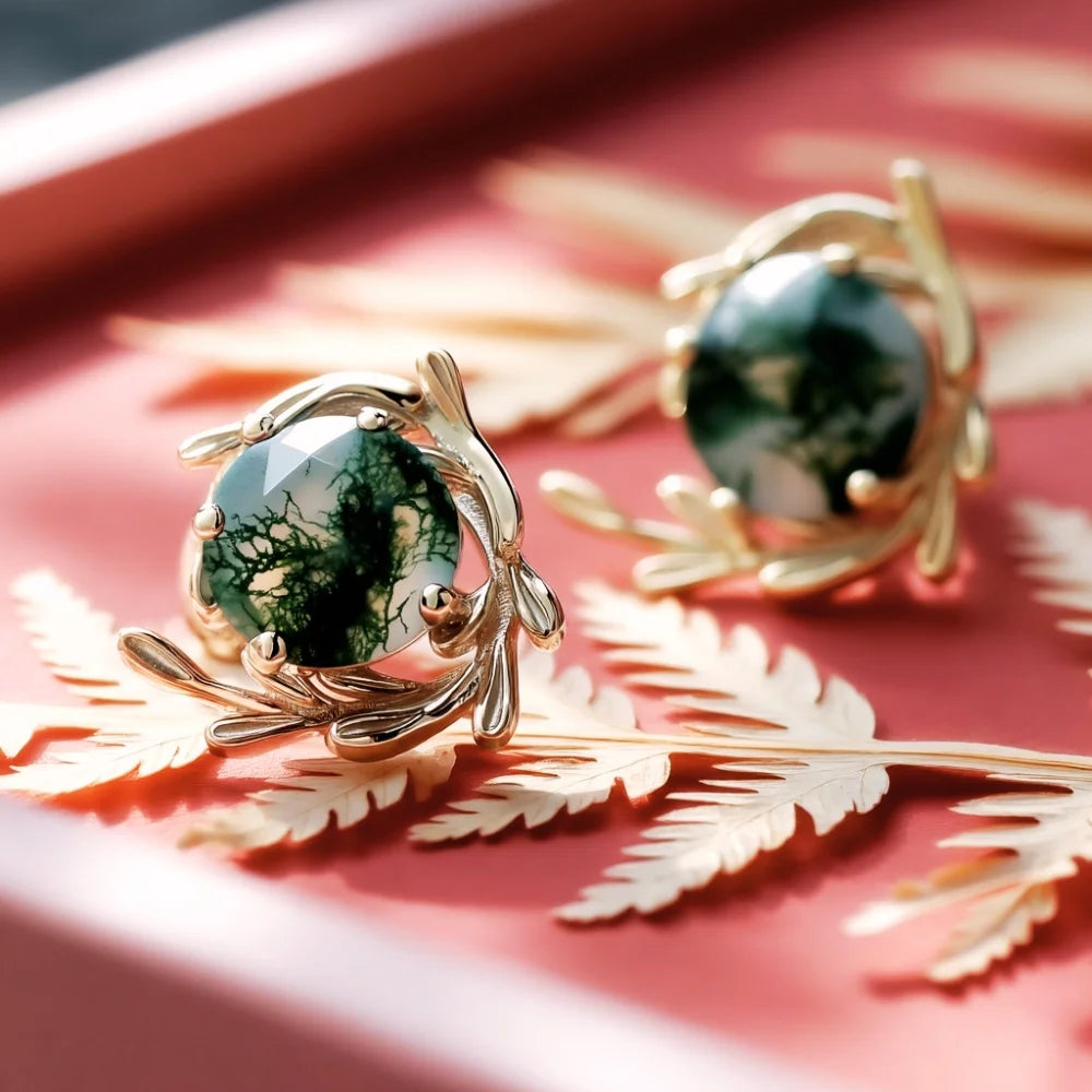 IfShe Moss Agate Earrings – Natural Green Gemstones in 925 Sterling Silver, 10.7mm, Elegant Silver Jewelry