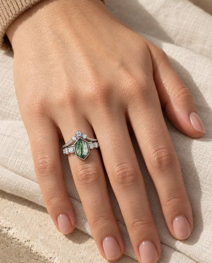 Hexagon Moss Agate Bridal Set - worn on the hand