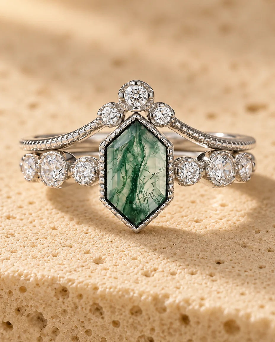 Hexagon Moss Agate Bridal Set - close-up of the ring set