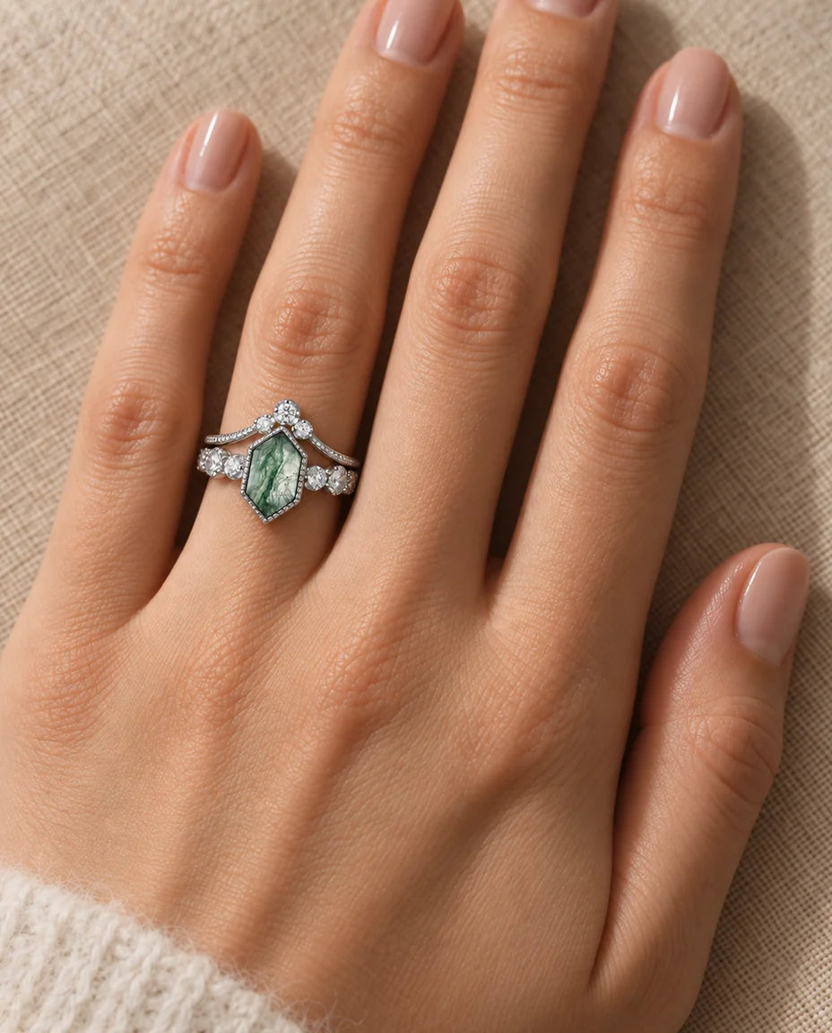 Hexagon Moss Agate Bridal Set - worn on the hand, close-up