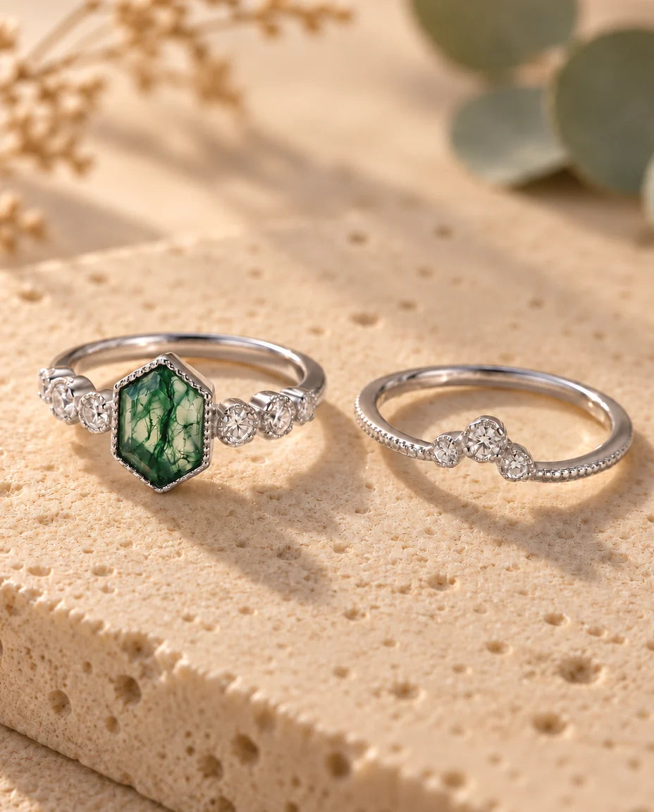 Hexagon Moss Agate Bridal Set - the two rings of the set side by side