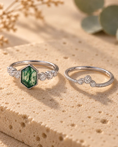 Hexagon Moss Agate Bridal Set - the two rings of the set side by side