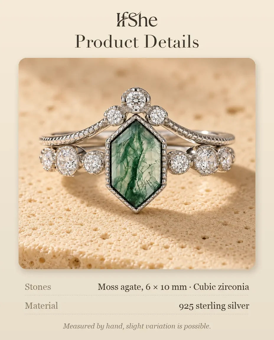 Hexagon Moss Agate Bridal Set - size and material details
