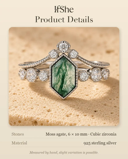 Hexagon Moss Agate Bridal Set - size and material details