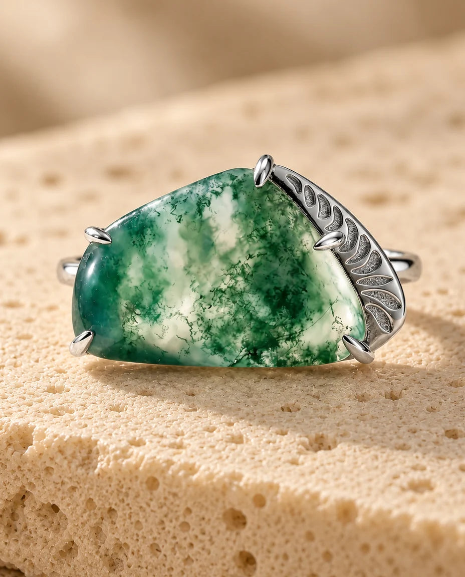 Natural Moss Agate Ring - close-up of the gemstone